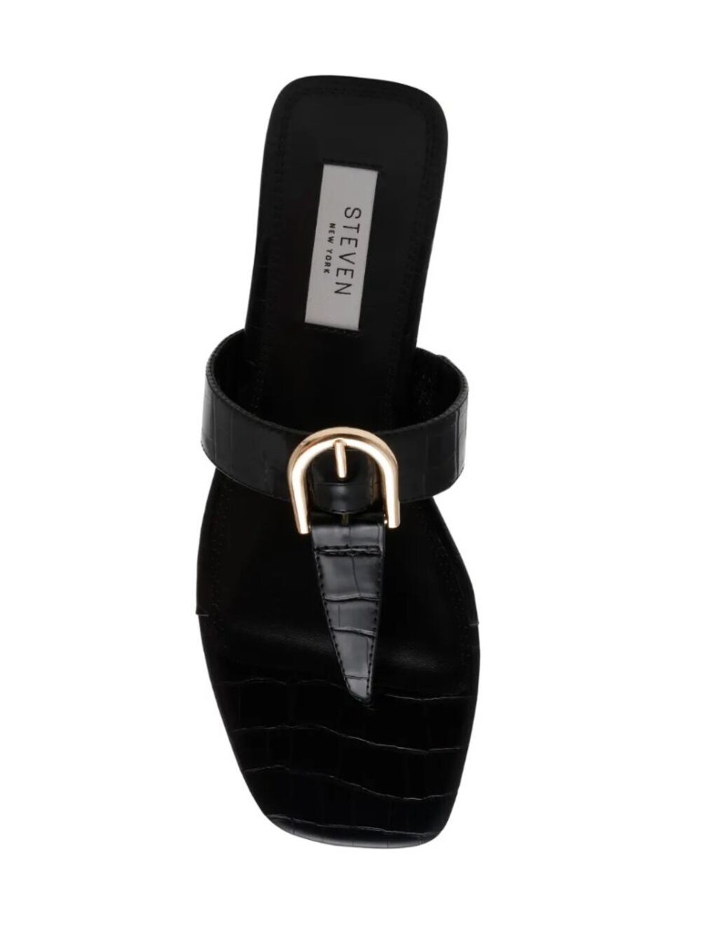Steven New York Pava Sandals Black Croc Embossed Thong Gold Hardware - US 8